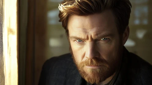 Close portrait of bearded man with intense direct gaze.