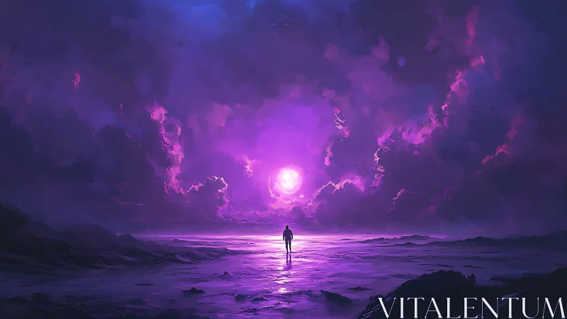 Lone figure facing vivid purple sky over reflective shore.