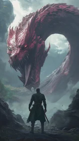 Epic fantasy confrontation with colossal crimson dragon creature.