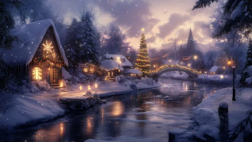 Snowy Christmas village glows with lights beside a river.