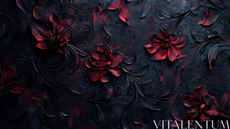 Crimson floral relief over deep textured black ground.