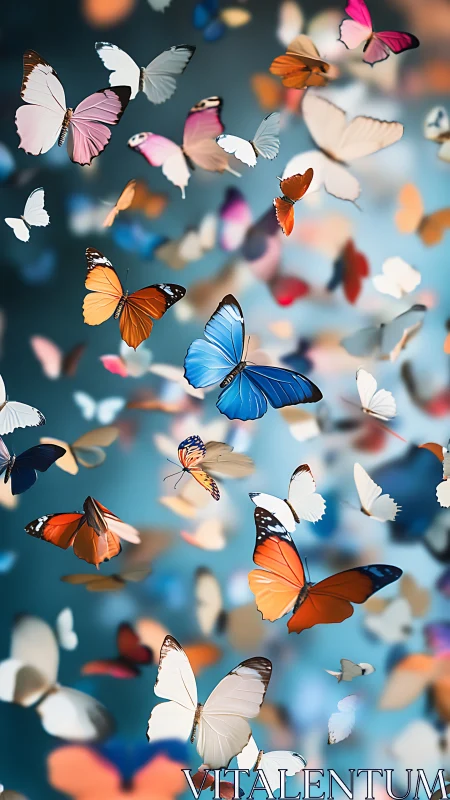 Vibrant butterfly swarm over soft teal bokeh sky.