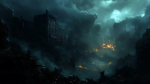 Burning dark fortress looms over stormlit abyssal valley