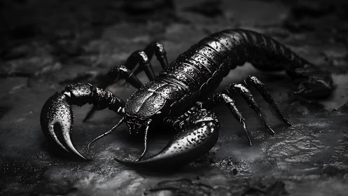Black scorpion advances across wet ground in stark monochrome