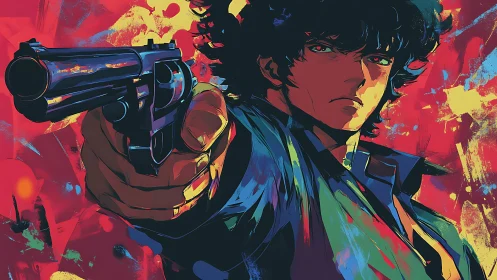 Dynamic anime gunslinger in close-range foreshortened perspective