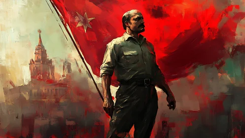 Revolutionary leader stands before bold crimson banner