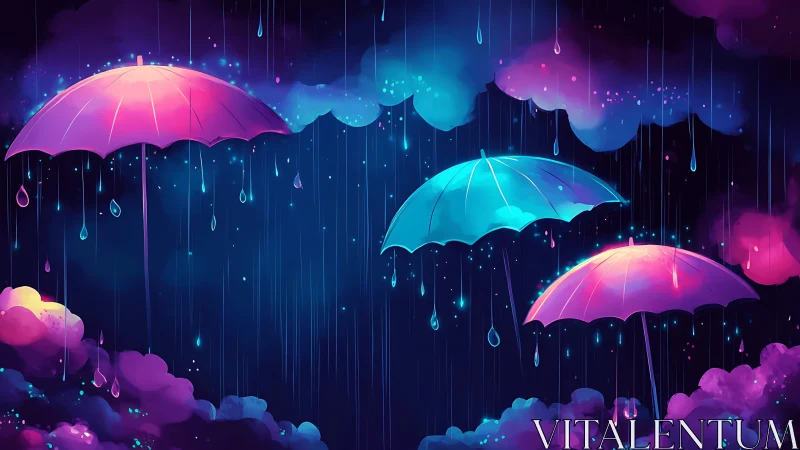 Vibrant umbrellas glow softly in a dreamy neon rainfall
