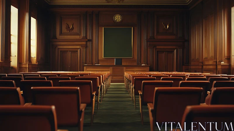 Empty wood paneled courtroom interior with aligned seats