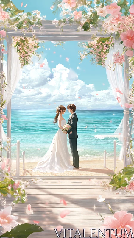 Coastal wedding ceremony in luminous anime-inspired seascape.