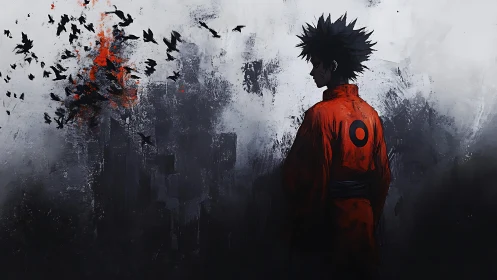 Solitary figure in vivid red amid storm of black crows.