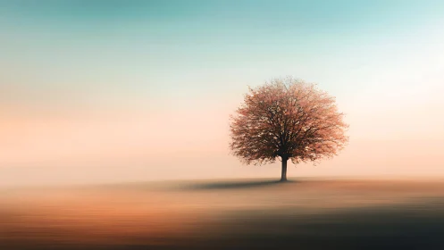 Solitary blossom tree adrift in pastel dawn haze.