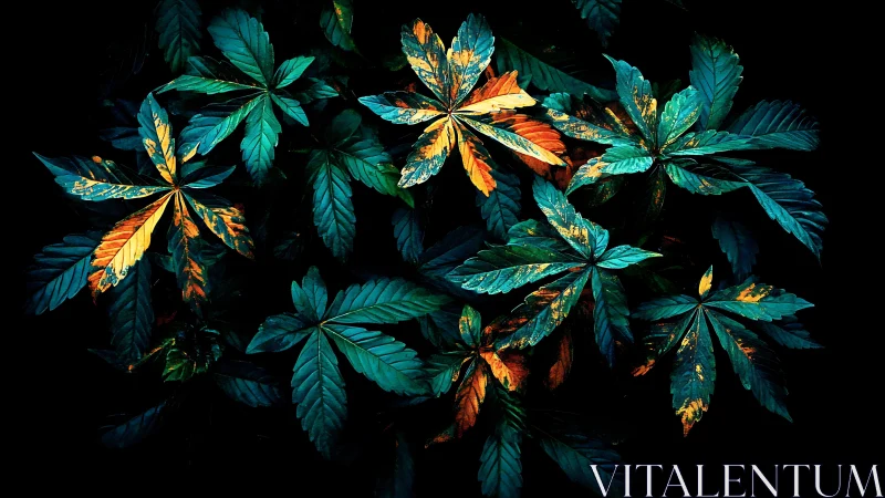 Iridescent tropical leaves glow against deep black void