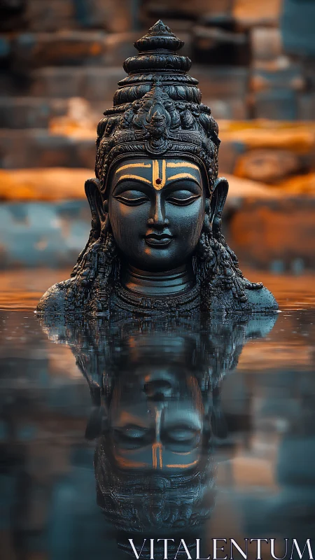 Serene stone deity head reflected in calm water pool.