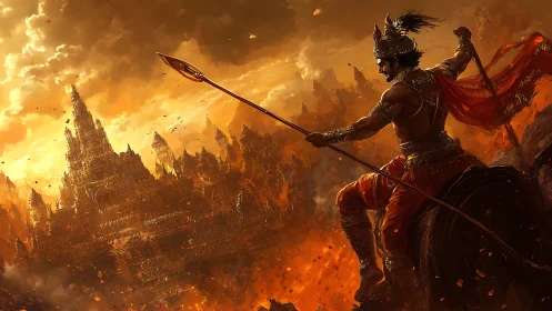 Warrior prince surveys burning mythic city in dusk fire