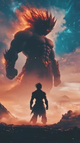Silhouetted warrior faces towering fiery humanoid entity