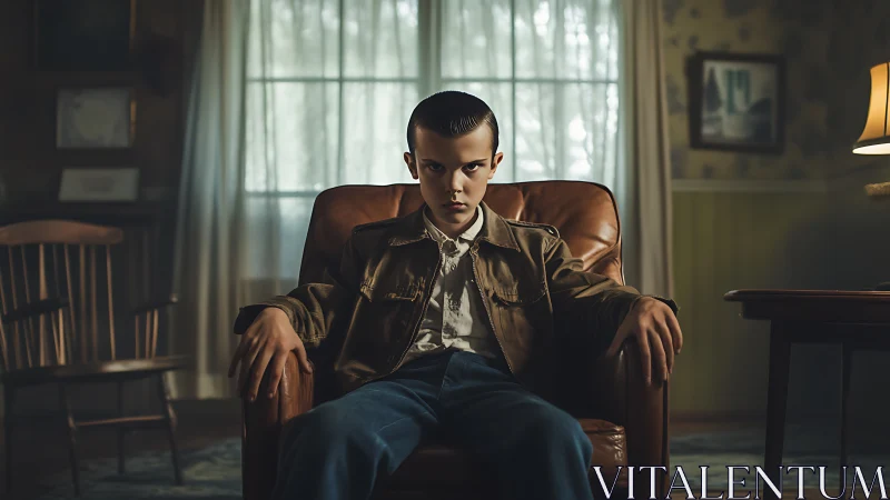 Cinematic portrait of tense youth in retro living room interior.