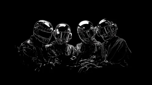 Chromed visored quartet in high-contrast cybernetic silhouette.