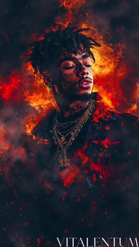 Flame crowned renegade draped in smoke and gold firestorm.