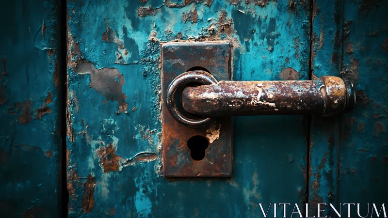 Rusty metal door handle reveals weathered urban character