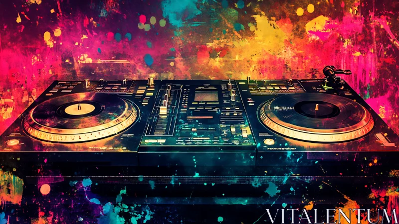 Color-splashed DJ turntables glow with electric party energy