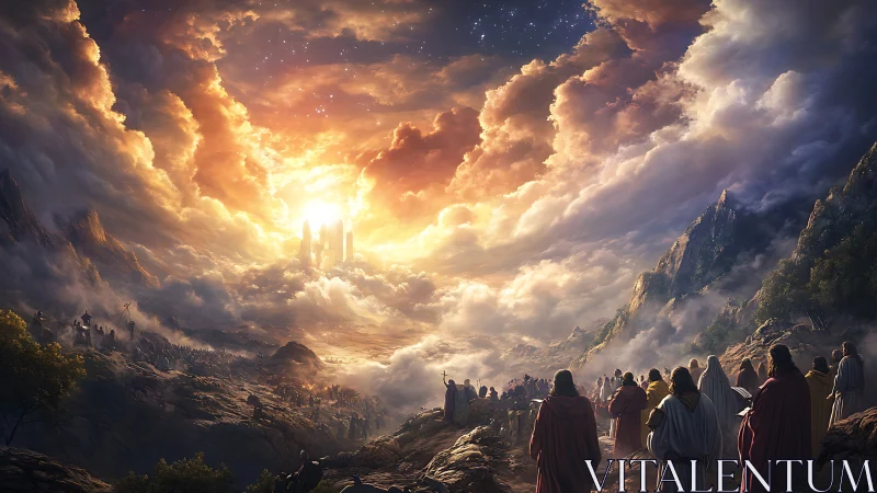 Eschatological cloudscape with converging pilgrims and radiant gate.