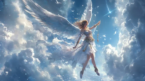 Celestial winged guardian drifting through sunlit cloud realms.
