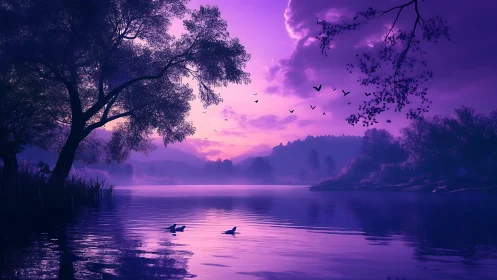 Gentle violet lake sunset invites calm moments and quiet awe