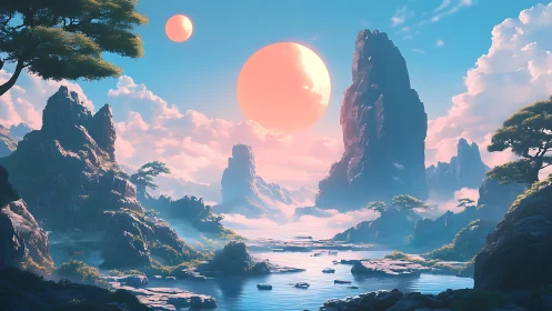 Twin suns over serene alien mountain seascape at dawn.