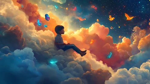 Child sits amid dense clouds under luminous star-filled sky