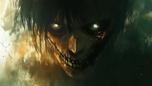 Sinister skeletal face with glowing eyes in dark fog.