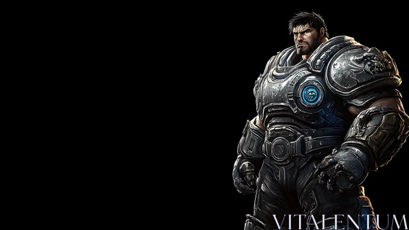 Armored sci-fi soldier stands isolated against black background