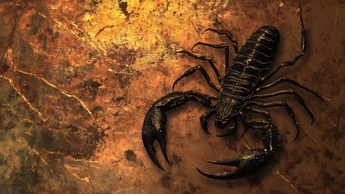 Gilded desert scorpion on cracked molten bronze ground.