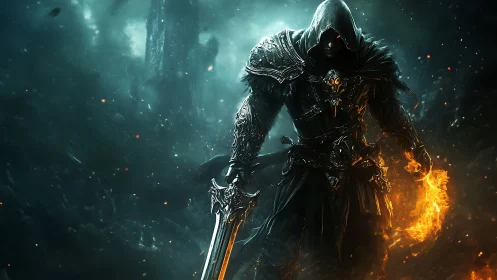 Hooded dark knight wields flaming magic in stormy abyss