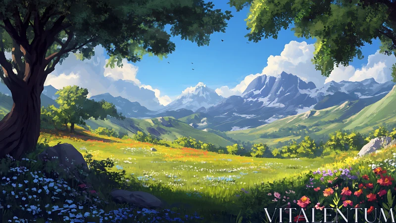 Sunny wildflower meadow below distant snow capped mountains.