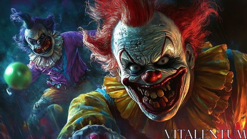 Grotesque killer clowns lunging forward in vivid detail.