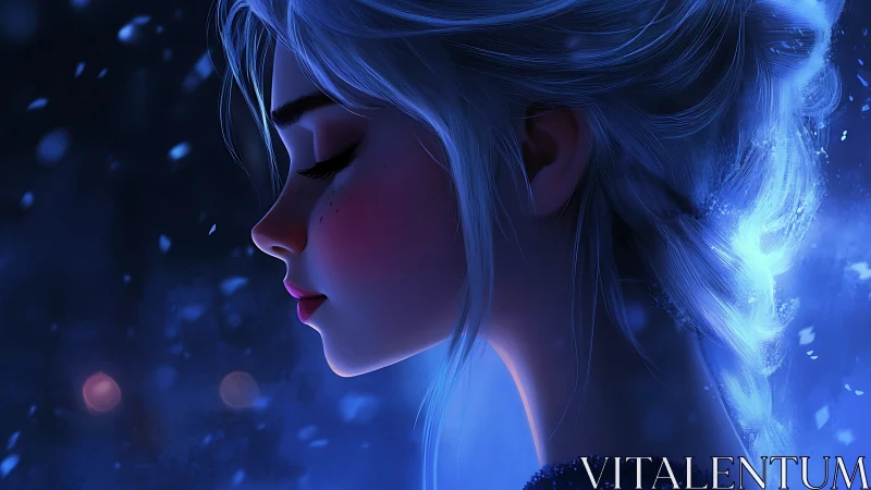 Winter dreamer in quiet snowfall with soft blue moonlight.