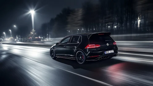 Black hatchback driving on wet city road at night.