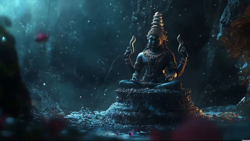 Digital painting of meditative deity with cinematic backlighting.