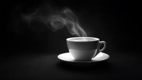 Steaming white coffee cup glows against deep black backdrop.