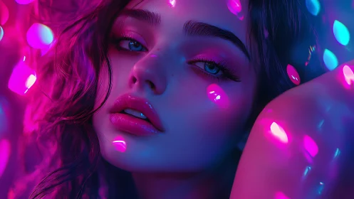 Close-up stylized female portrait under neon pink blue lights
