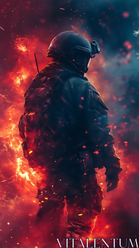 Blazing battlefield soldier steps forward through swirling fire