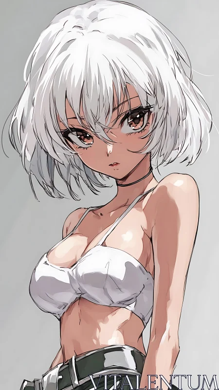 White-haired anime girl in cropped top under soft studio light.
