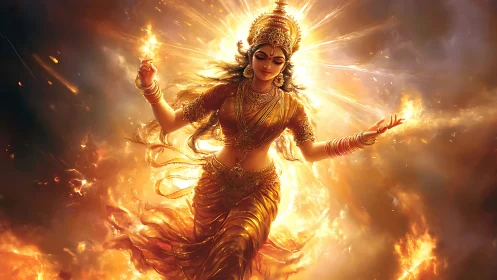 Radiant golden goddess dancing through flames in ethereal light.