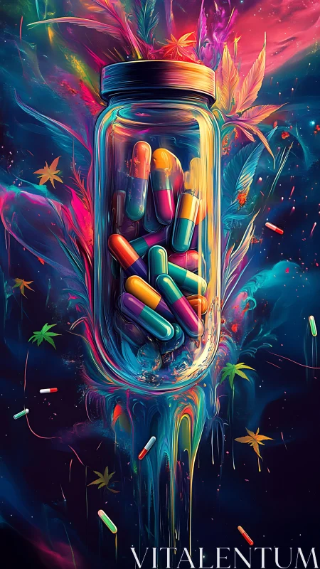 Colorful capsules swirl in a neon glass jar explosion.