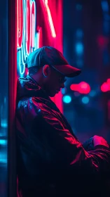 Neon city glow wraps a quiet, thoughtful night wanderer