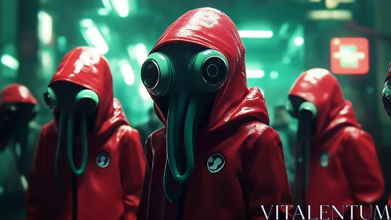 Crimson cephalopod sentinels patrol a neon drenched corridor