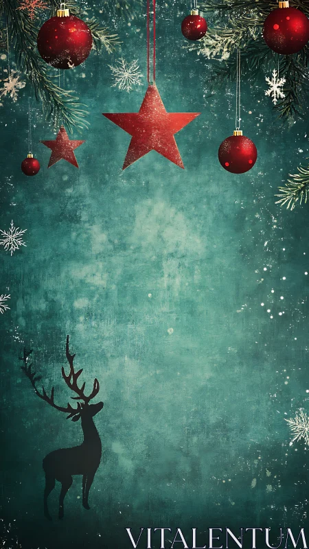 Red ornaments and deer silhouette on textured teal backdrop.