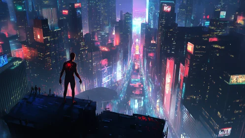 Silhouetted superhero surveys neon cybercity from rooftop edge