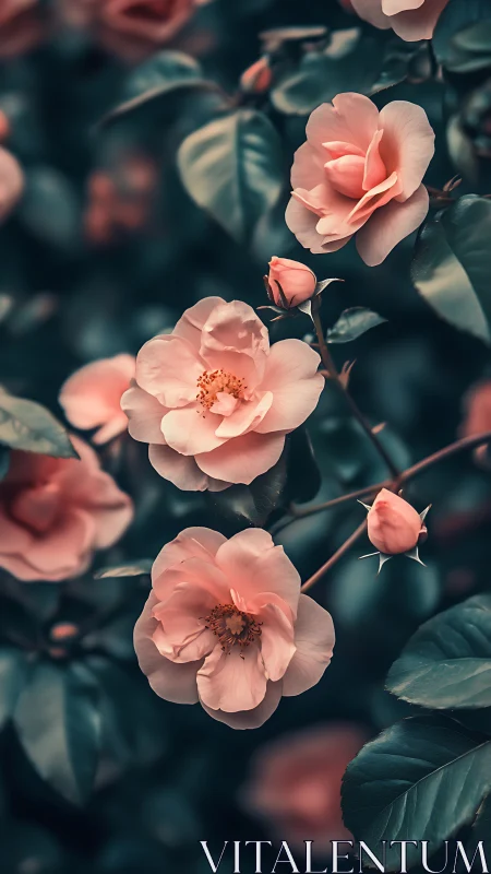 Pale Pink Garden Roses with Visible Stamens and Foliage