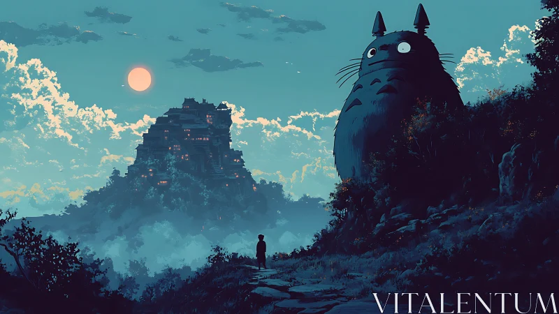 Giant forest spirit watches over a misty mountain city at dusk